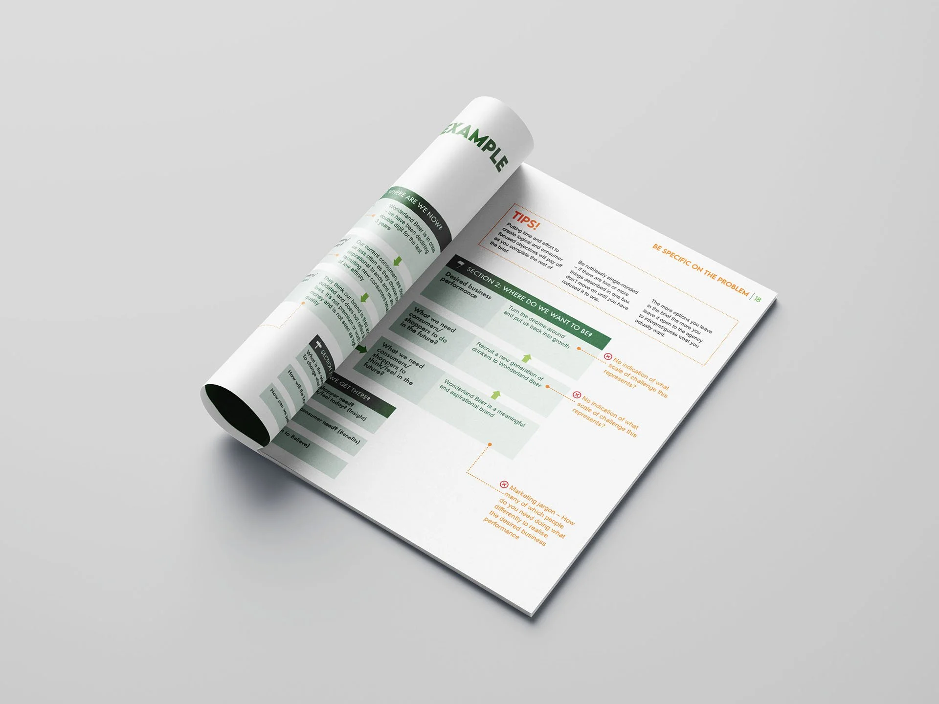Open magazine or booklet on a light gray surface showing a layout with text, highlighted sections, and tips related to business performance and marketing strategies.