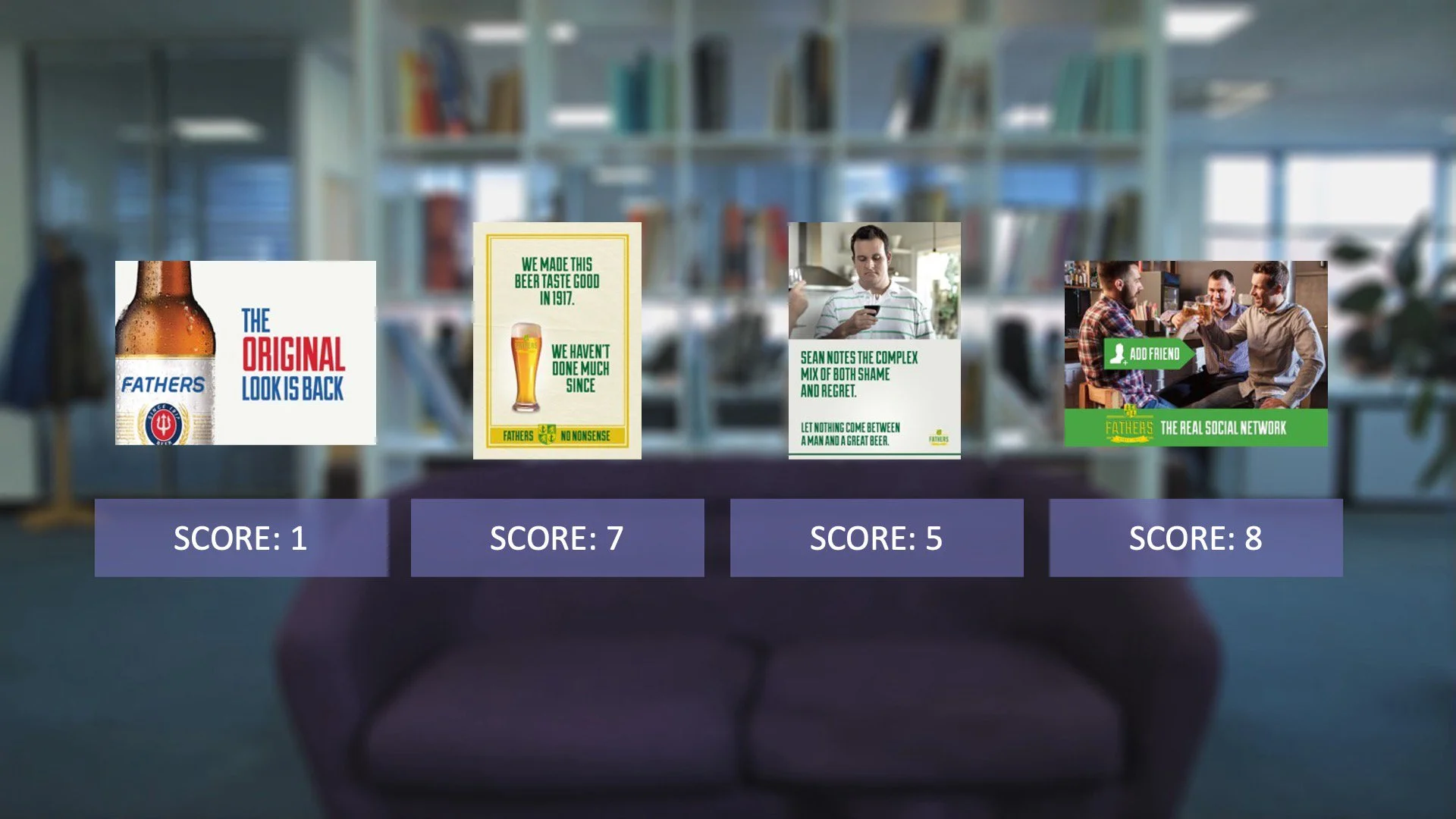 A virtual quiz game screen shows four images related to beer and socializing, each with a score below them: 1, 7, 5, and 8.
