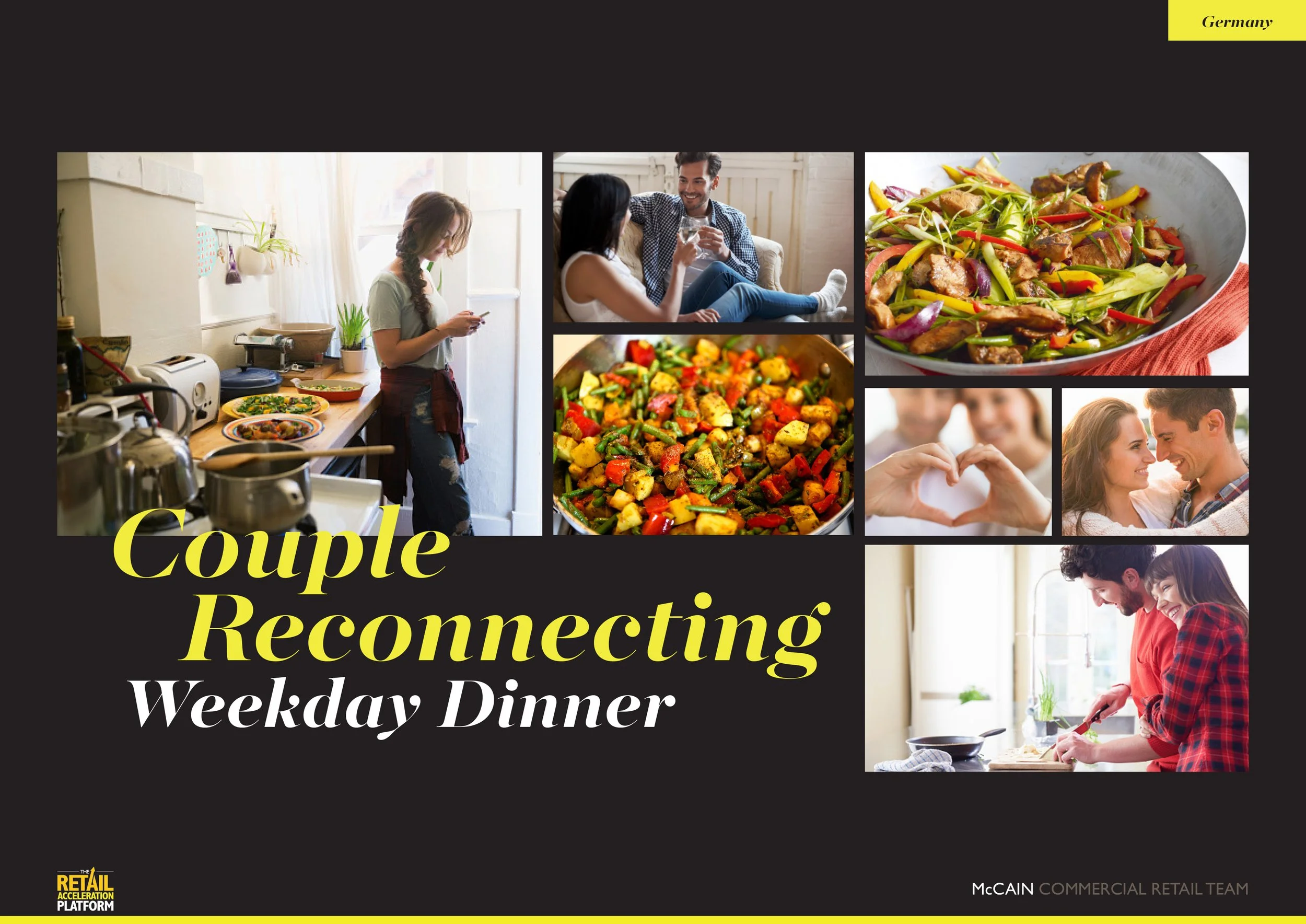 Collage of images showing a young woman cooking in the kitchen, couples enjoying conversation and dinner, and food dishes, with text 'Couple Reconnecting Weekday Dinner'
