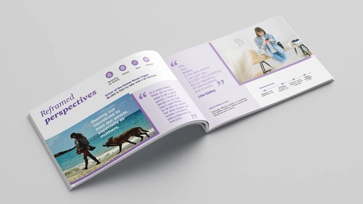 Open booklet with purple and white theme, featuring text, quotes, and images of a woman walking a dog on the beach and a woman sitting at a desk.
