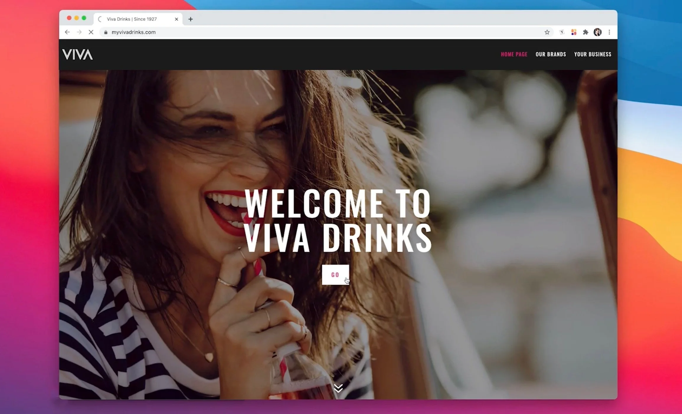 A woman with long hair smiling, holding a bottle, with welcoming text overlay that says 'Welcome to Viva Drinks' and a pink 'Go' button on a colorful web page background.