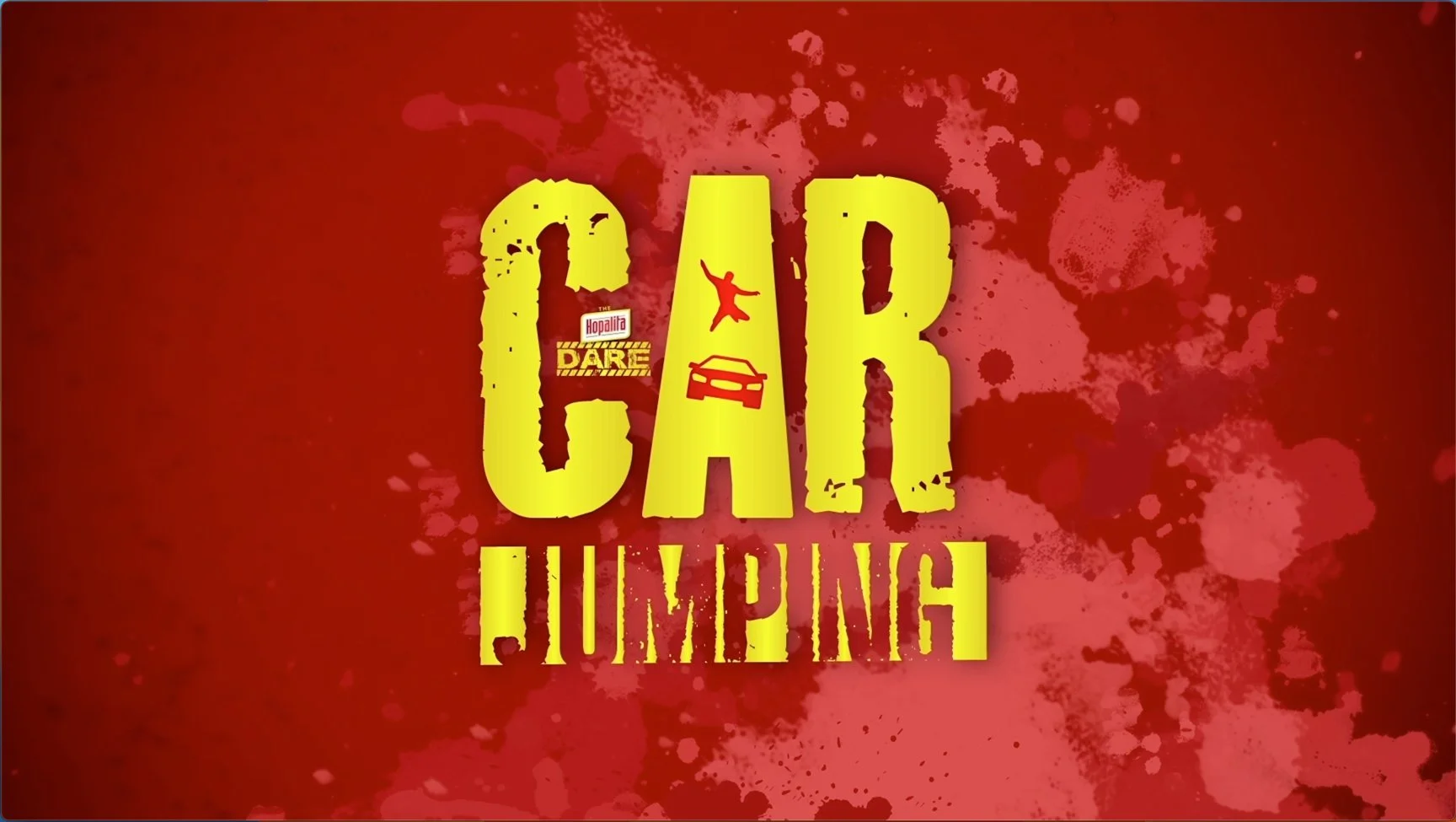 Red background with blood splatter design and yellow text that reads "Bar Jumping" with silhouettes of a person jumping, a car, and a roller coaster embedded in the letters.
