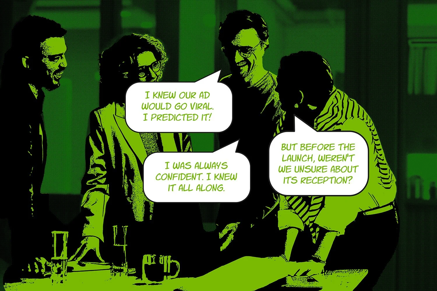 Four people in business attire discussing around a table, with speech bubbles mentioning an ad going viral, predication, and reception.