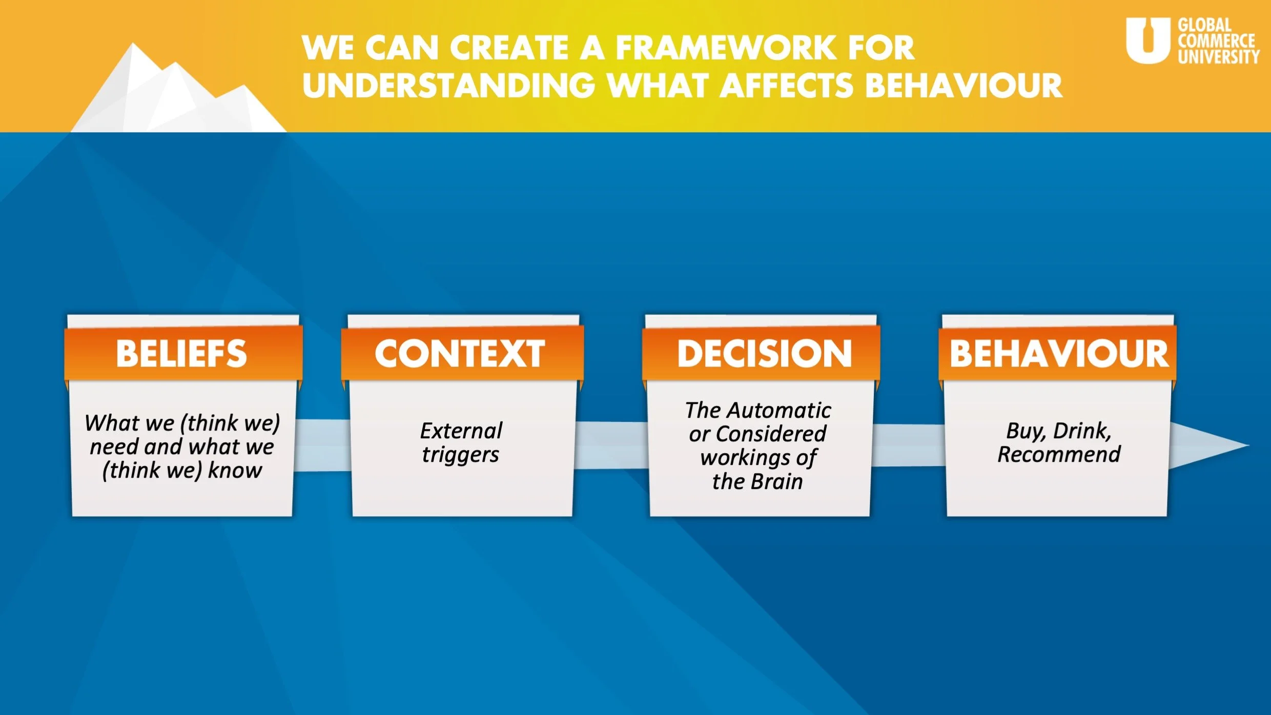Flowchart explaining the framework for understanding behavior, including four steps: Beliefs, Context, Decision, and Behaviour, with descriptions for each step.