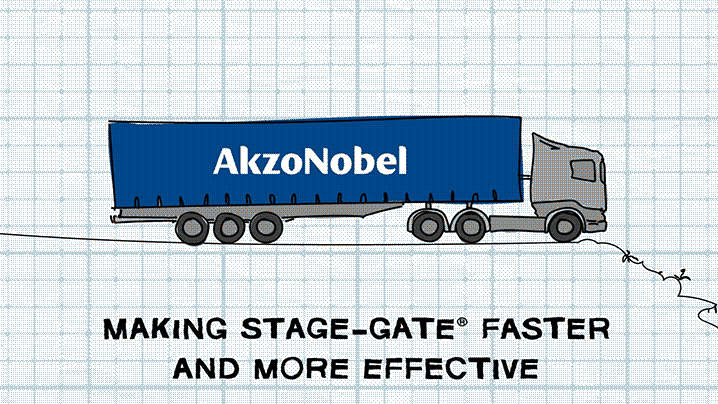 Illustration of a truck with the AkzoNobel logo, promoting the Making Stage-Gate faster and more effective.