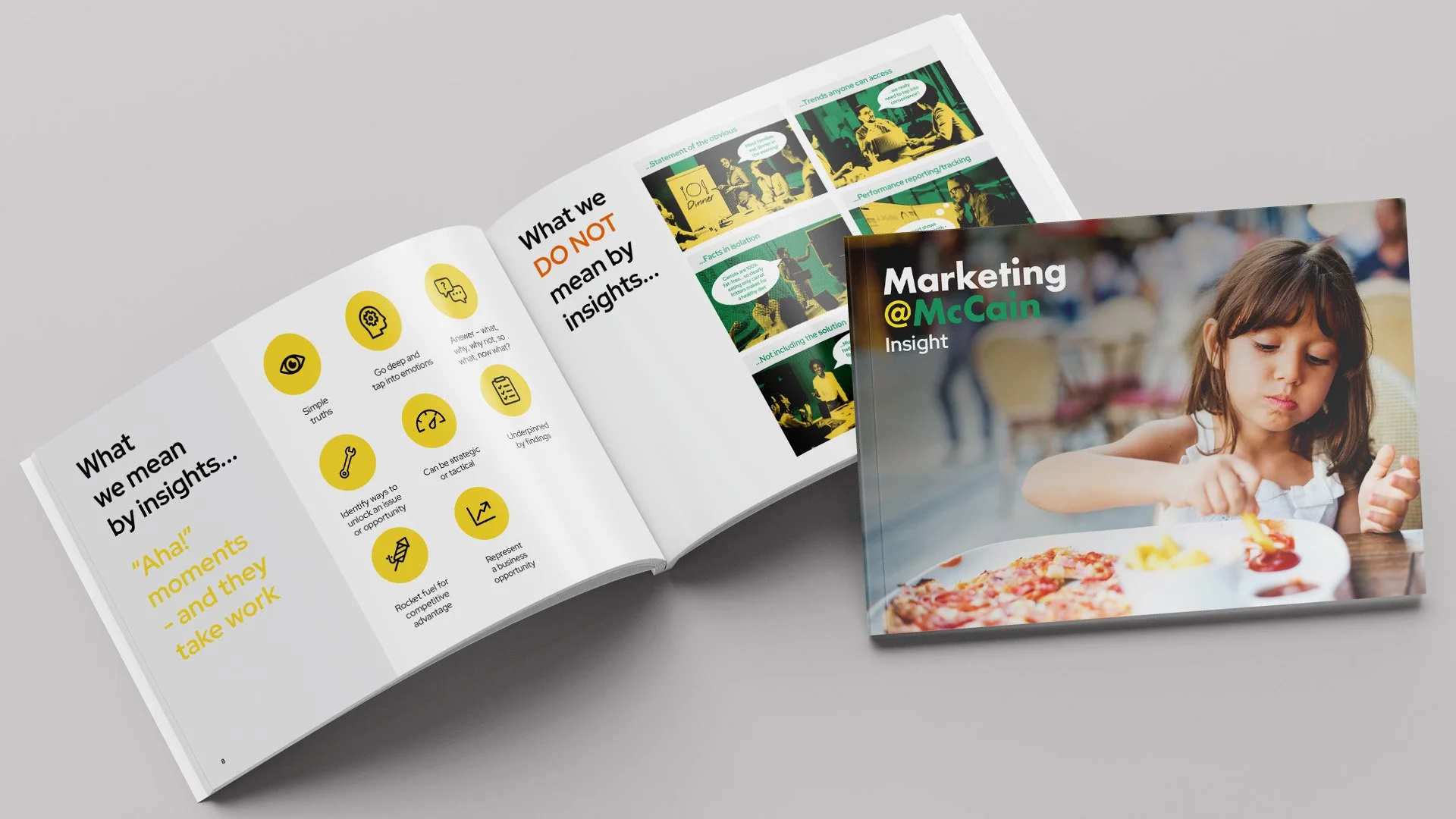 Open marketing insight booklet with pages showing icons and text, and a cover photo of a young girl eating pizza at a restaurant.