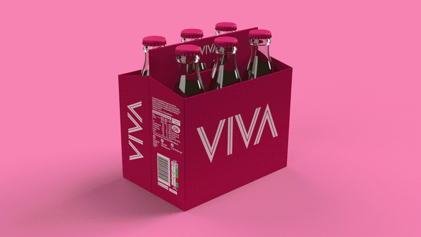 A pink box labeled VIVA holding six small glass bottles with pink caps against a pink background.