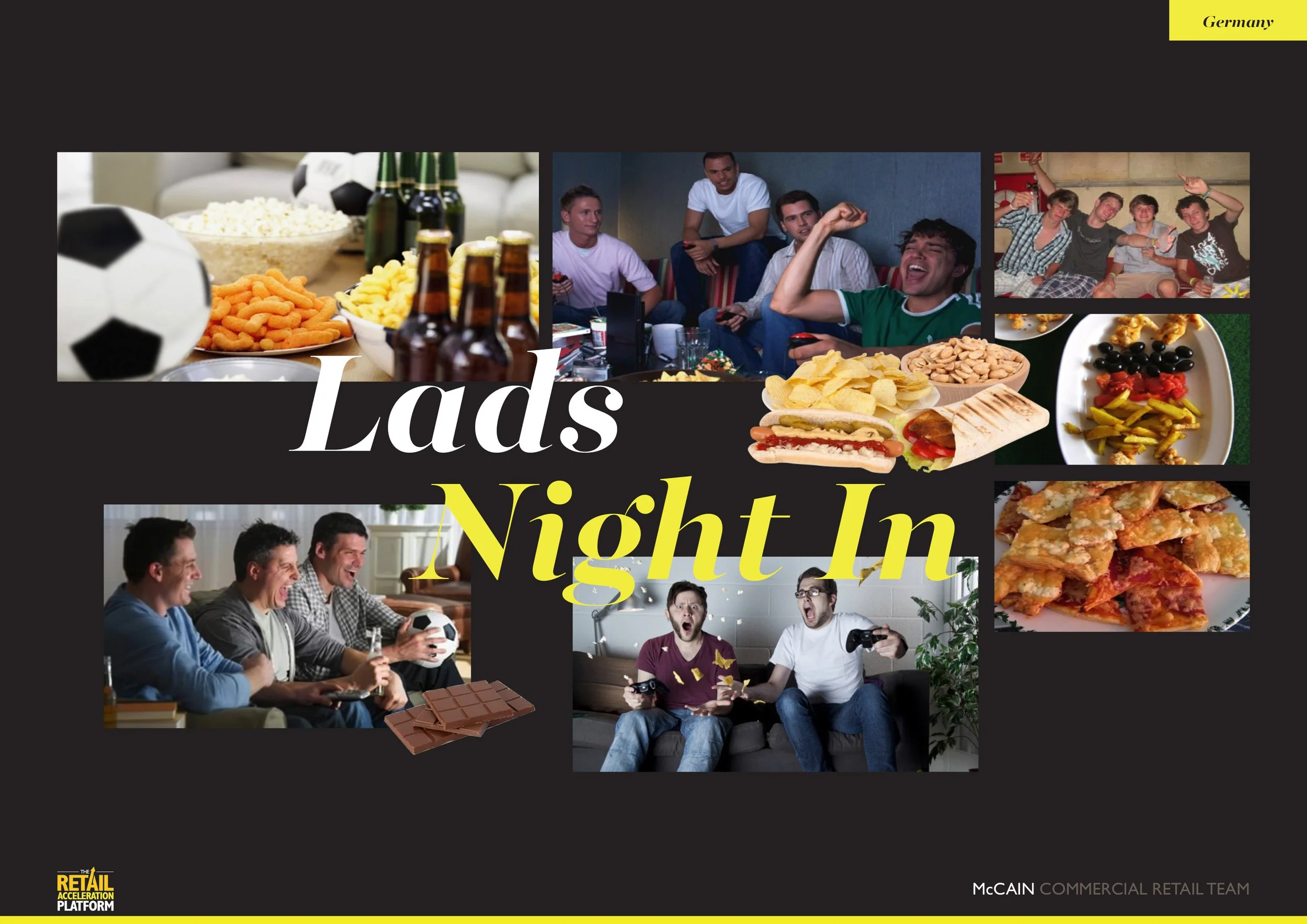 Group of young men enjoying a night in with snacks, pizza, chips, drinks, and video games.