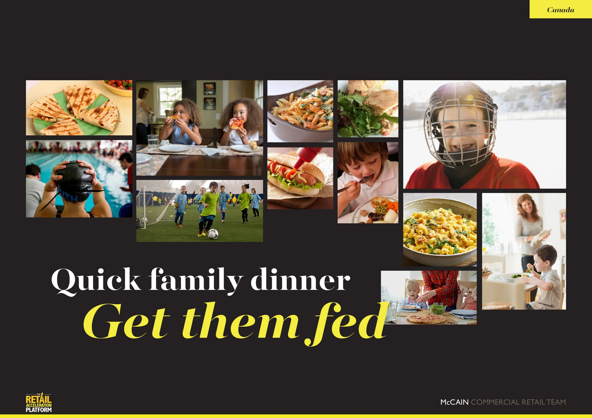 Collage of children and families enjoying various meals, outdoor sports, and indoor activities, promoting quick family dinners to satisfy kids.