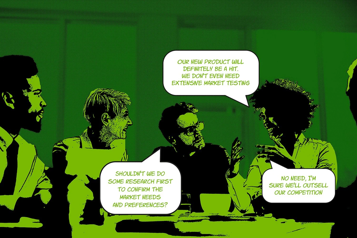 A group of five diverse people having a meeting, discussing a new product, with speech bubbles indicating their conversation about market testing and competition.