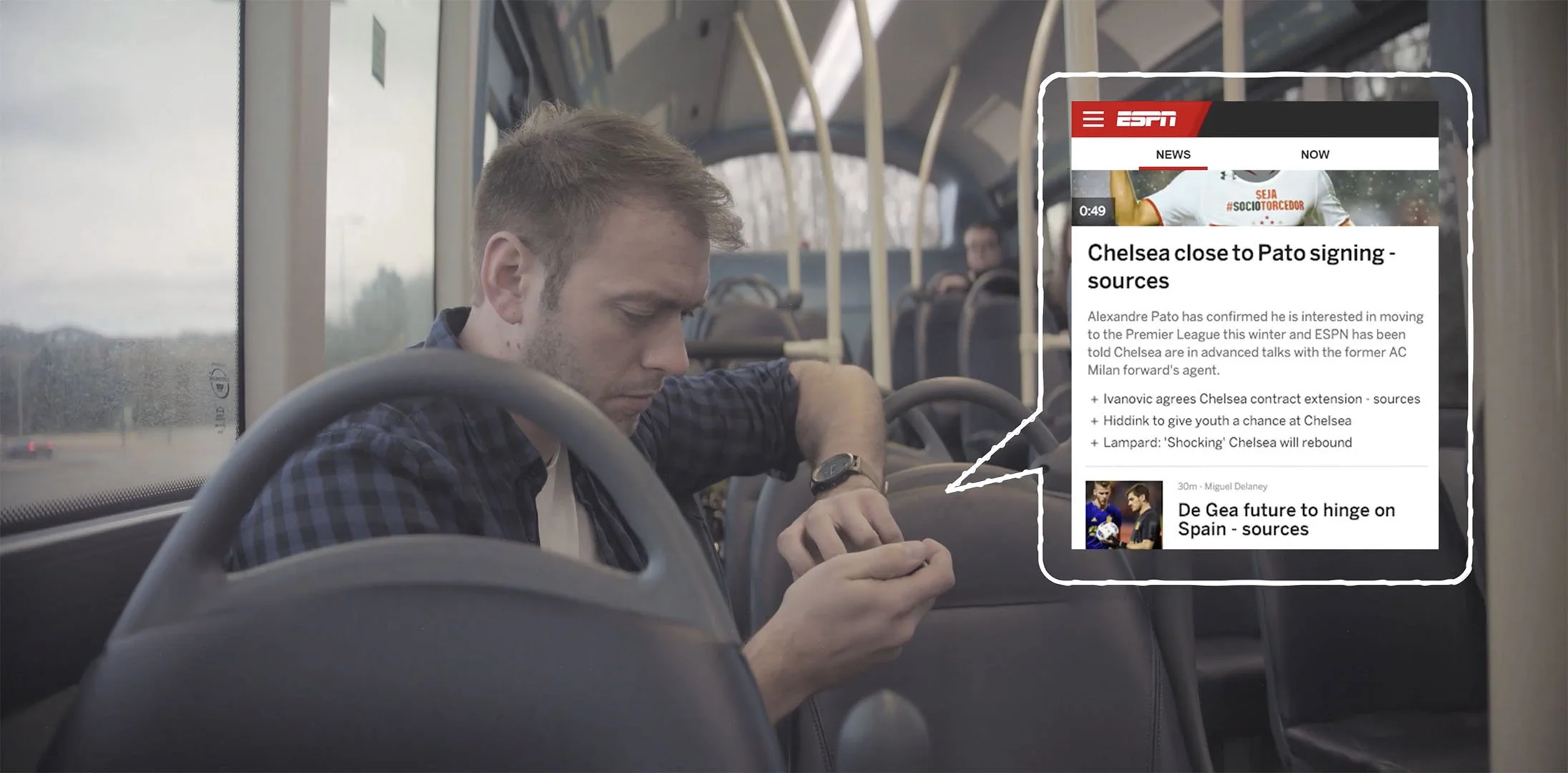 A man sitting on a bus, looking at his smartphone. The bus interior and a window with a rainy view outside are visible. An overlay of a news app showing sports news headlines is present on the right side of the image.