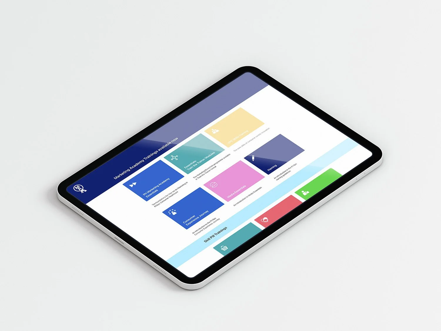 A tablet displaying a colorful educational app or website on a white background.