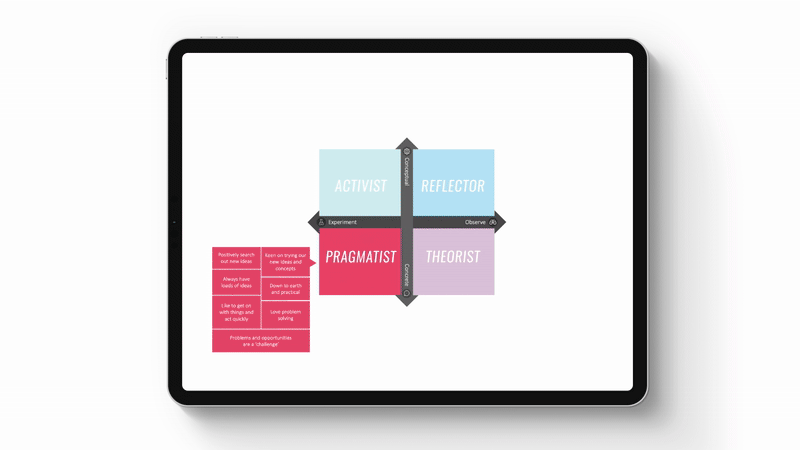 Tablet with a diagram showing four quadrants labeled 'Activist,' 'Refector,' 'Pragmatist,' and 'Theorist,' each indicating different approaches to experimentation and observation.