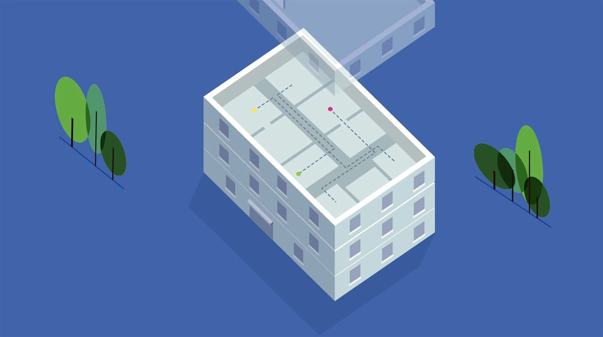Isometric view of a multi-story apartment building with a rooftop tennis court, surrounded by trees on blue background.