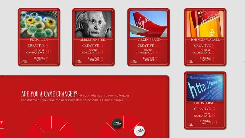Collection of playing cards featuring famous brands and individuals, including Penicillin, Albert Einstein, Virgin Brand airplane, Johnnie Walker, and Internet icon, with a red background and text about being a game changer.