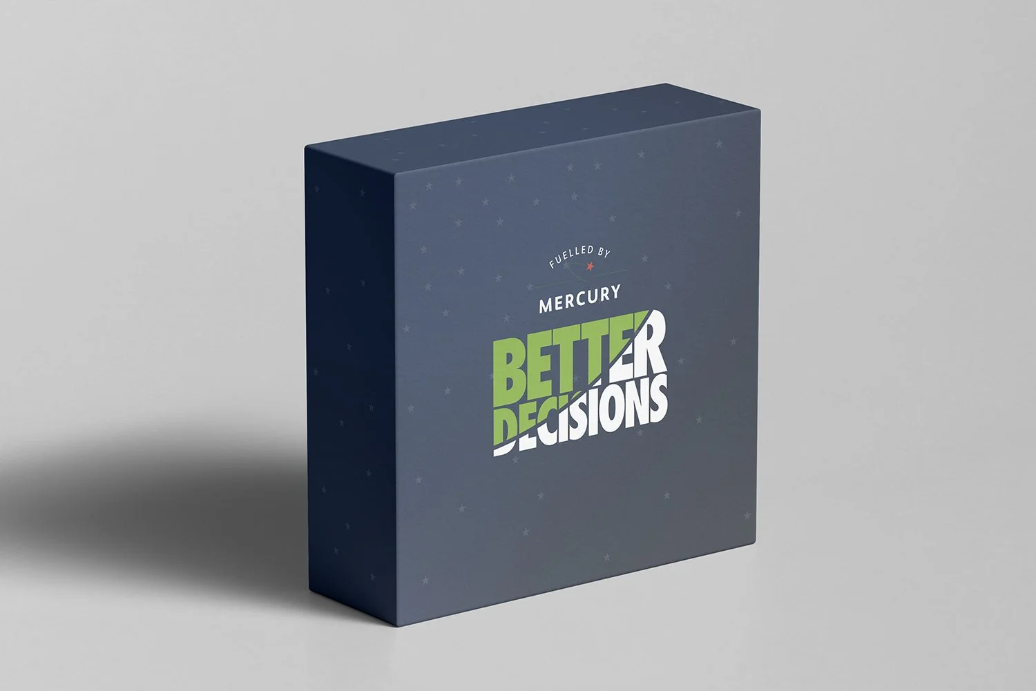 A dark gray box with the text "Fueled by Mercury" and "Better Decisions" in green and white, decorated with small star patterns, standing on a light gray background.