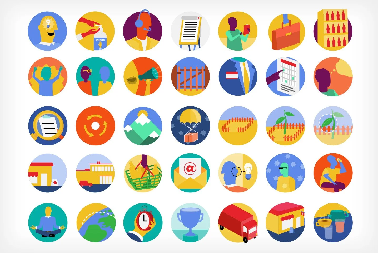 A collection of colorful icons representing various themes such as ideas, health, communication, environment, travel, and daily activities.