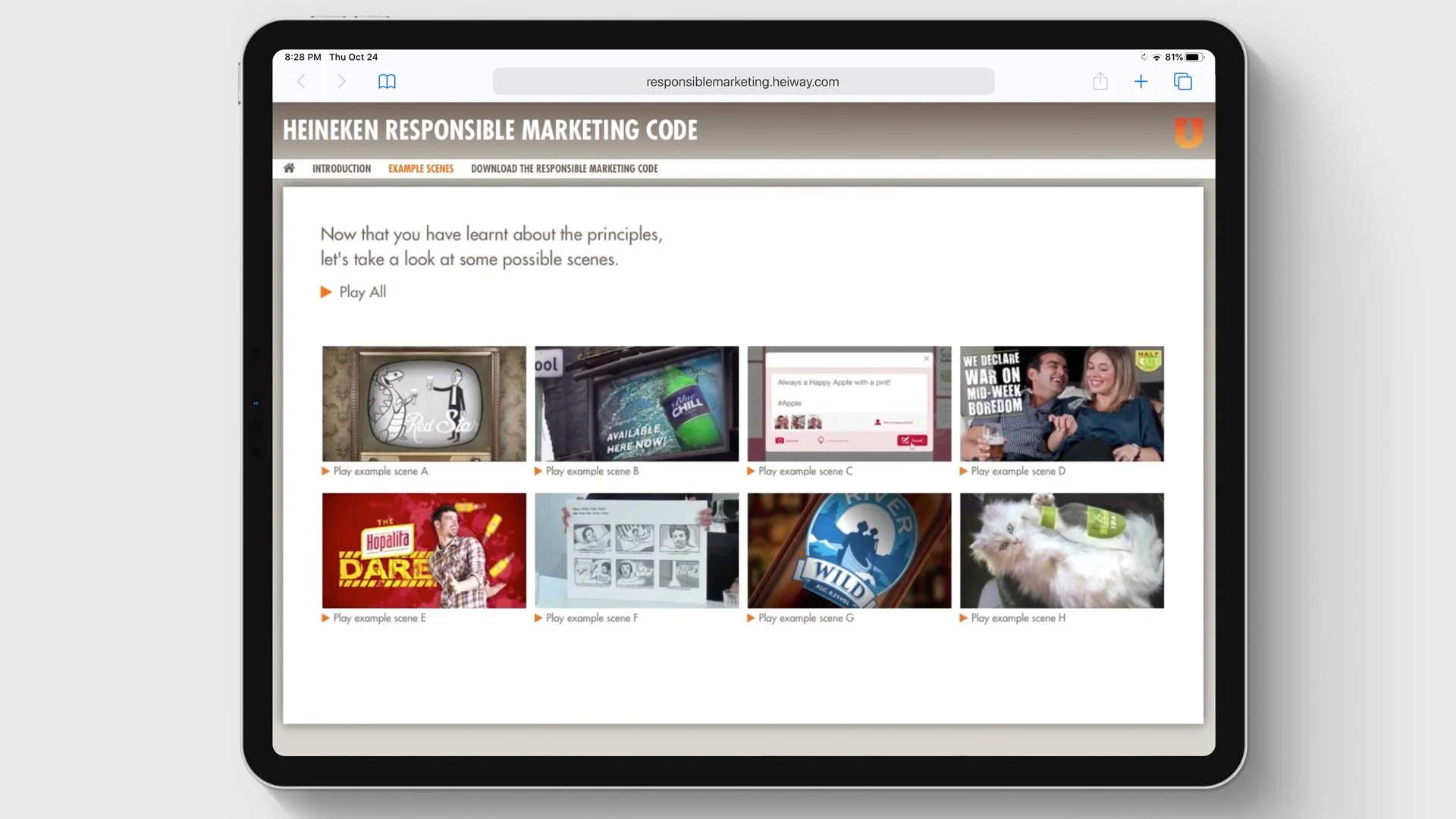 Tablet displaying a webpage titled 'Heineken Responsible Marketing Code' with eight thumbnail images of various scenes from marketing videos below it.