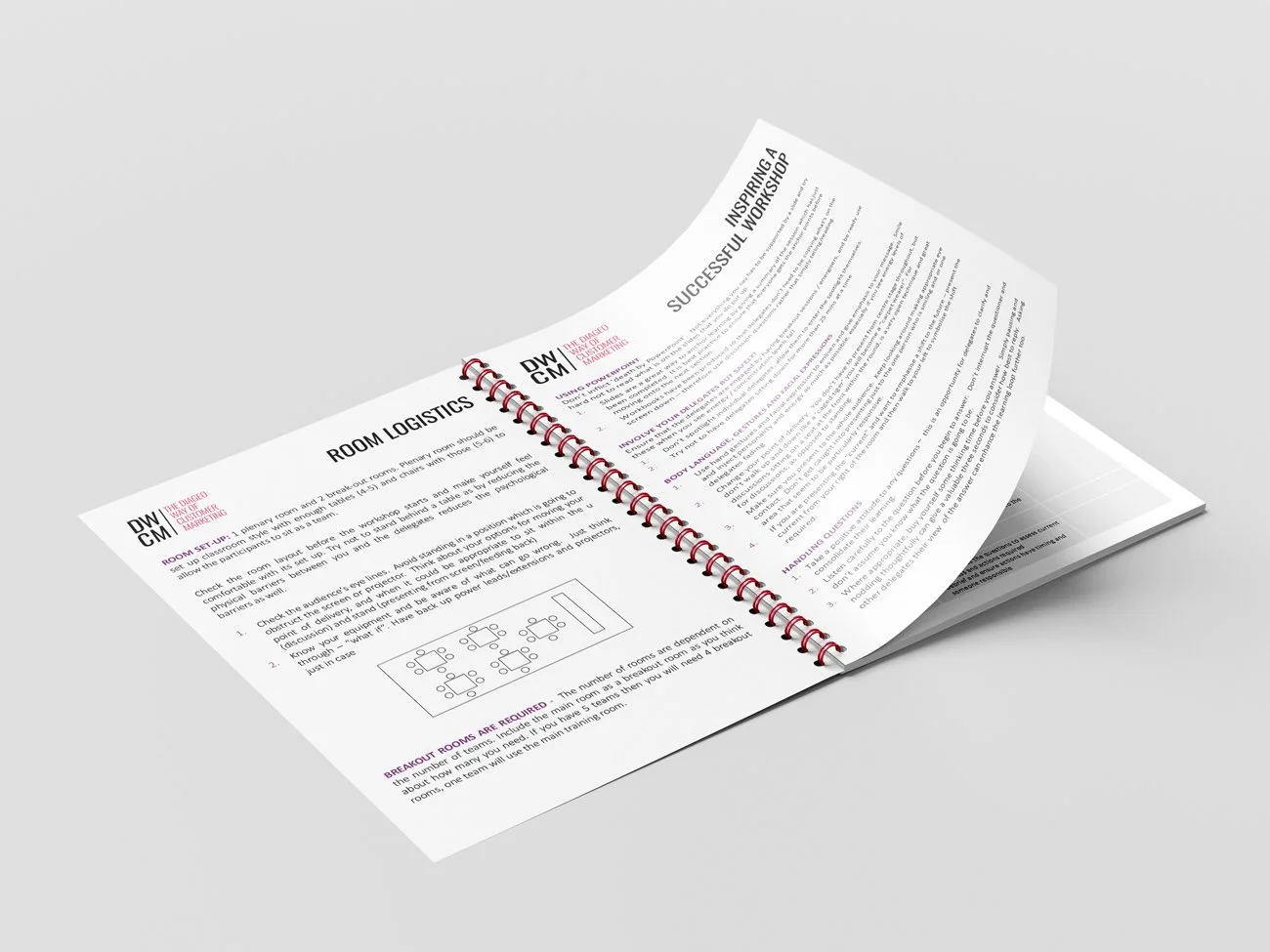 Open spiral-bound workshop instruction booklet with pages titled 'Room Logistics' and 'Successful Workshop'.