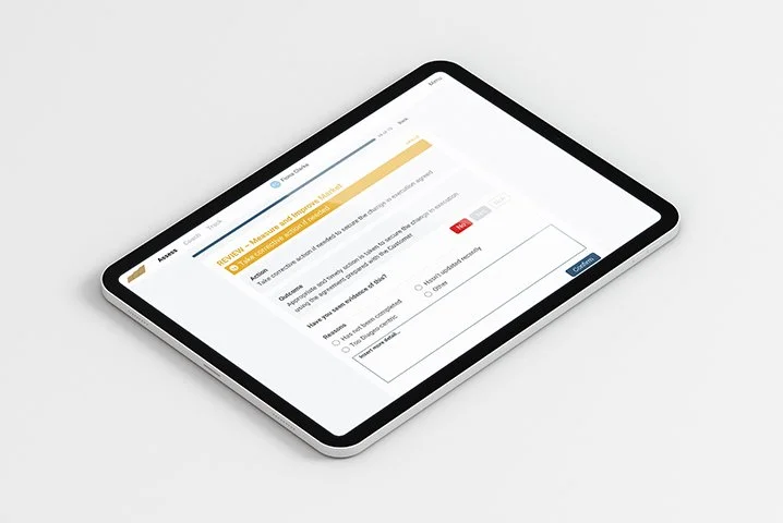 Tablet displaying an online survey form titled 'Review Measurement and Internal Control' with sections for entering a name, date, choosing measurement units, and a comment box.