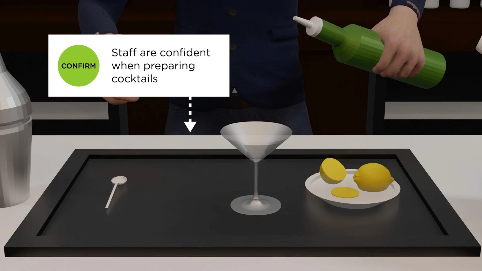 A bartender preparing a cocktail with lemons on a black tray, with a focus on a white craft cocktail cup and a lemon, and a speech bubble indicating staff should confirm when preparing cocktails.