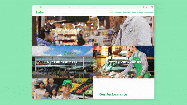 Screenshot of a website titled 'freshco,' featuring images of people shopping, a business model, and growing the business, with menu options at the top.