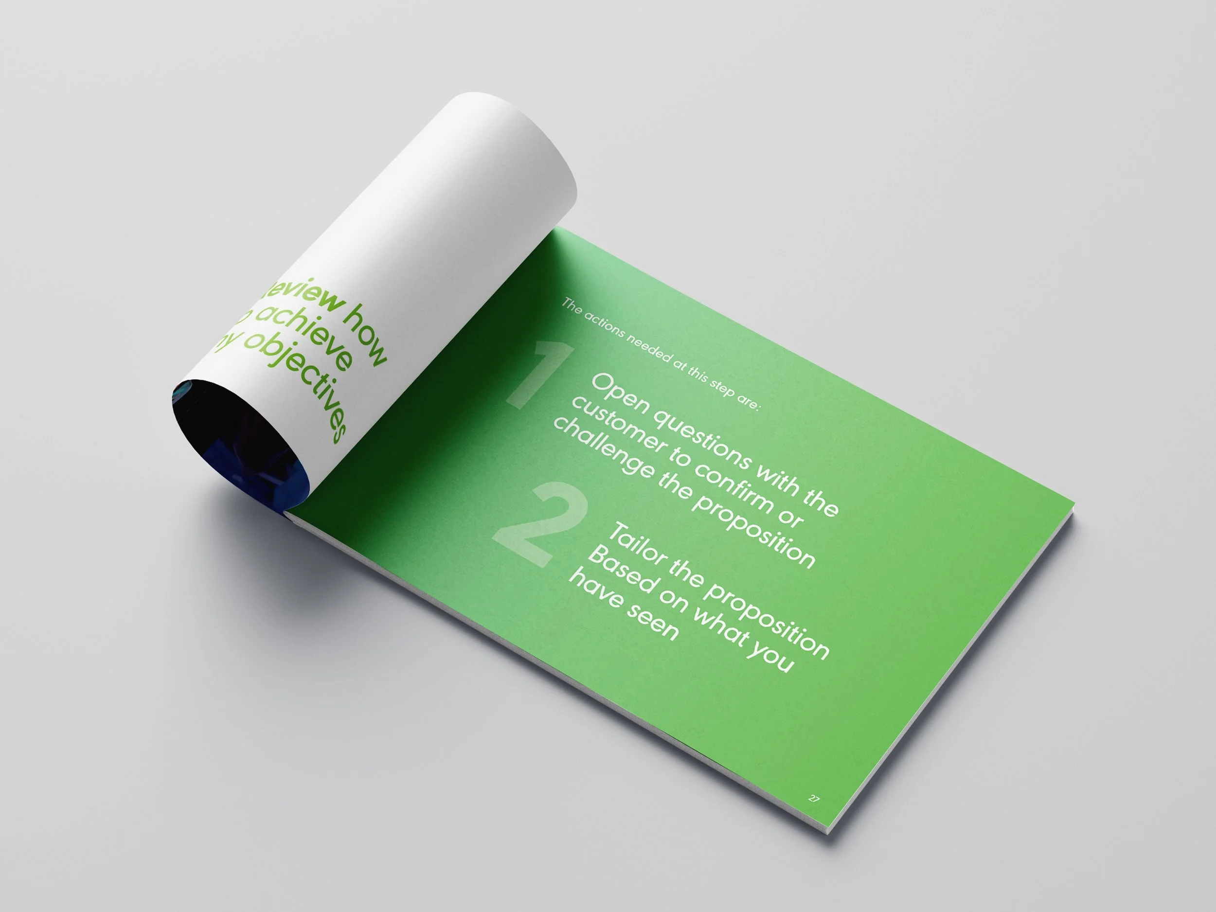 Open green and white booklet showing steps for reviewing objectives, including asking questions and tailoring proposals.