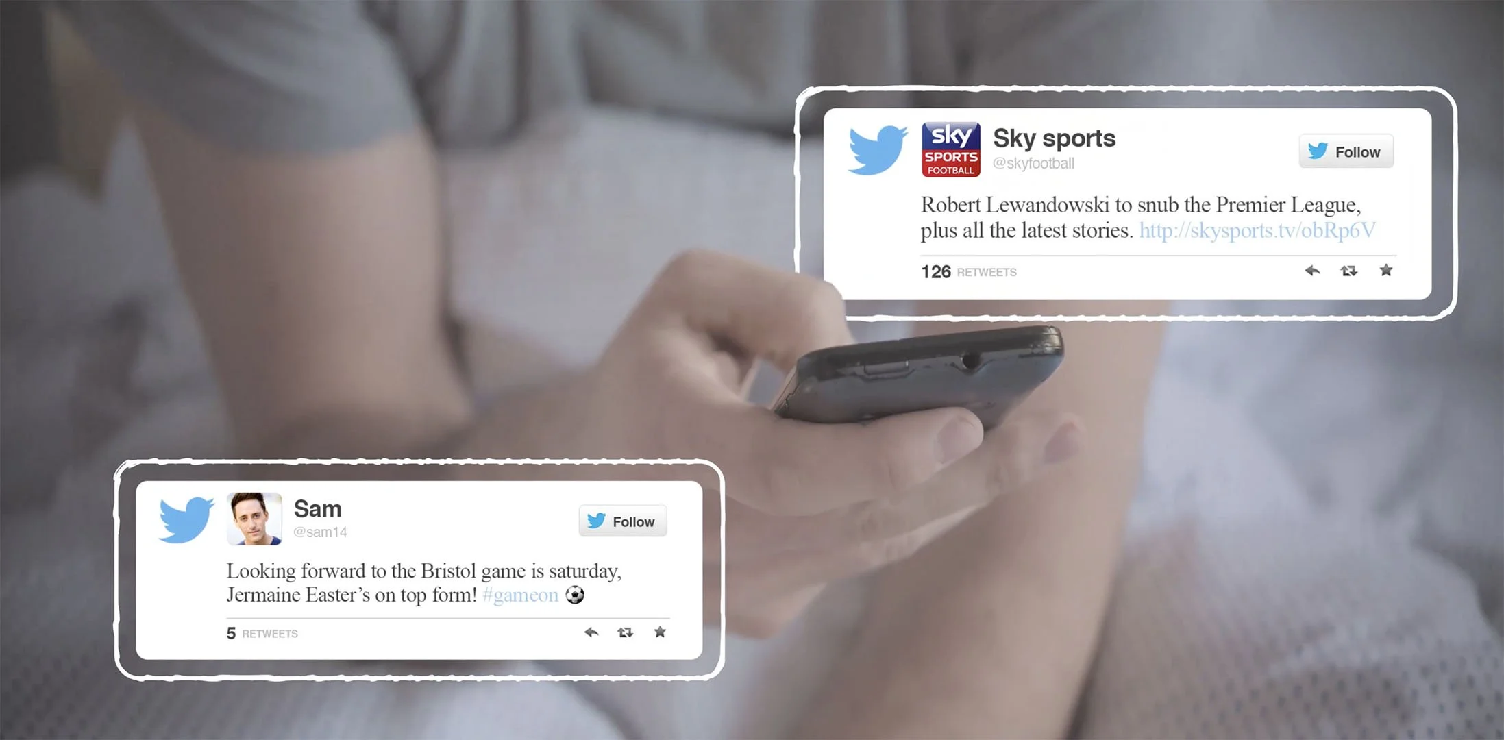 A person holds a smartphone with social media posts overlaid on the image, including a tweet from Sky Sports about Robert Lewandowski and a tweet from Sam about the Bristol game.