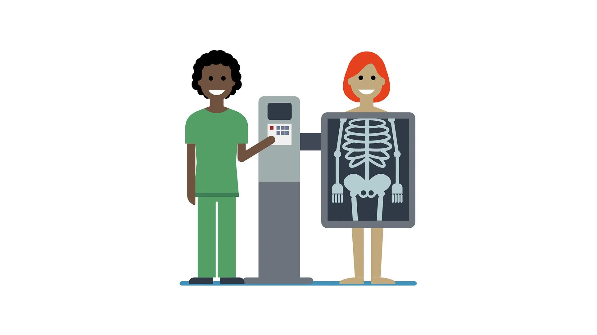 A healthcare worker in green scrubs standing next to an X-ray of a human skeleton. They are using a machine that displays the X-ray, with a smiling patient holding the machine's controller.