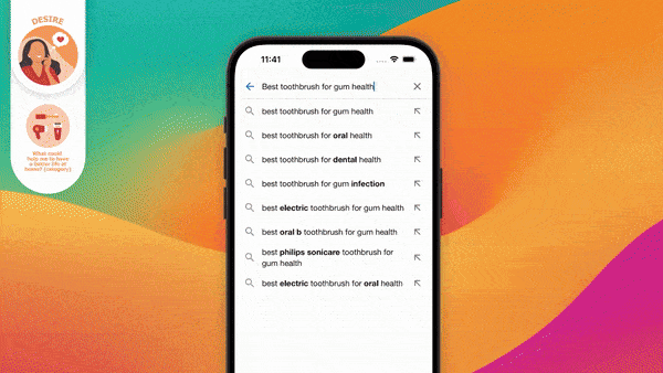 Smartphone screen showing search results for toothbrushes and dental health products, with a colorful background.