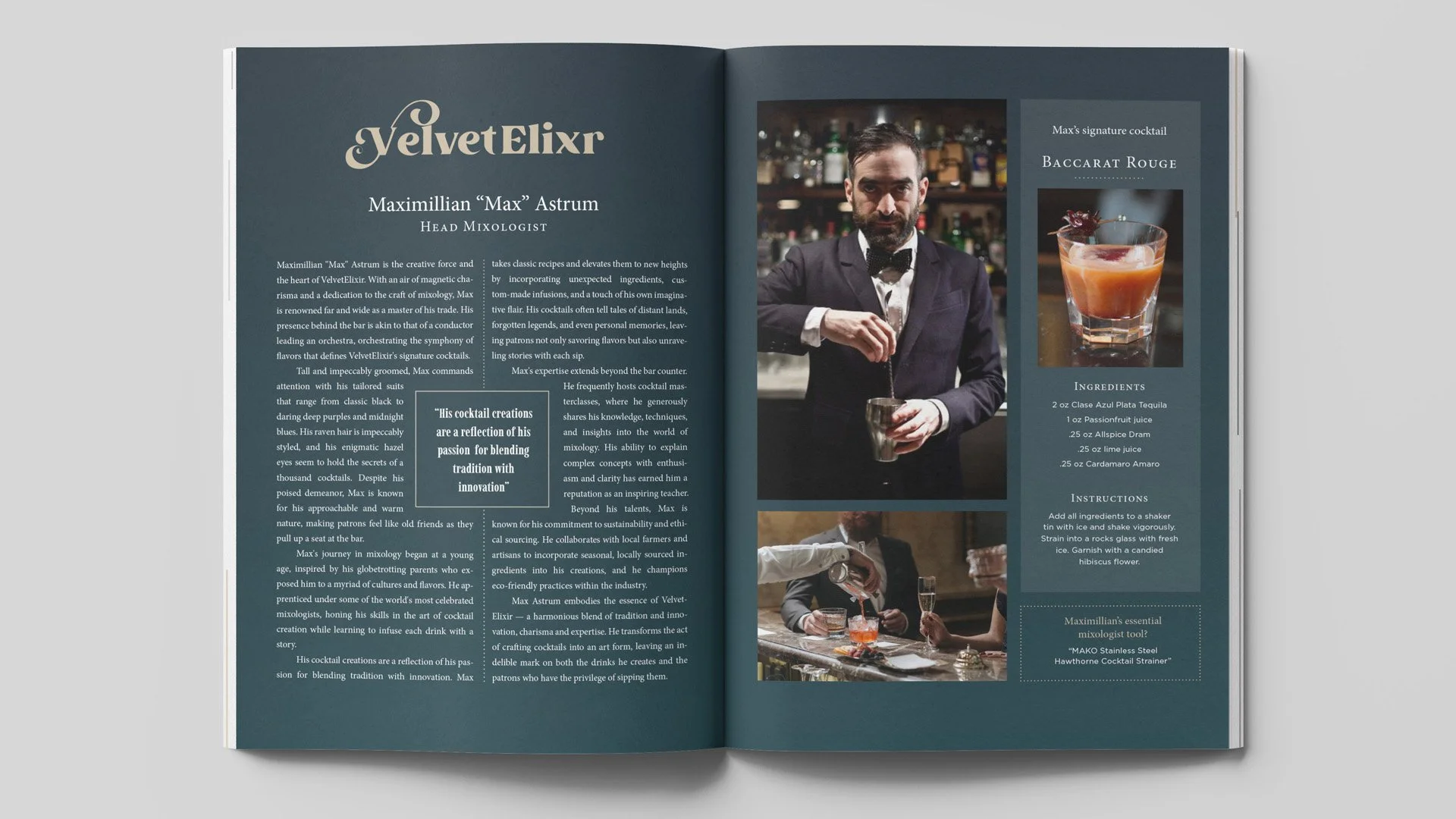Open magazine featuring a cocktail recipe and photographs of a bartender preparing drinks.