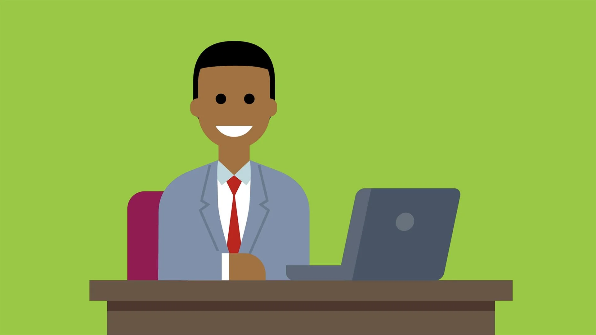 Cartoon illustration of a man in a suit sitting at a desk with a laptop, smiling, against a green background.