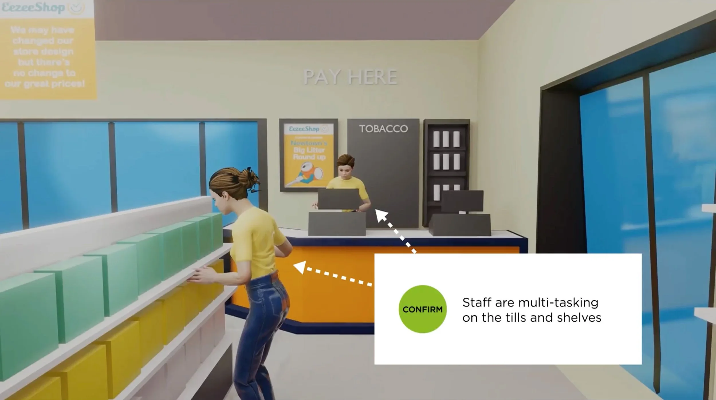 A digital illustration of a retail store check-out area with staff multitasking at tills and shelves; one staff member is organizing items, with a caption indicating staff are multitasking on tills and shelves.