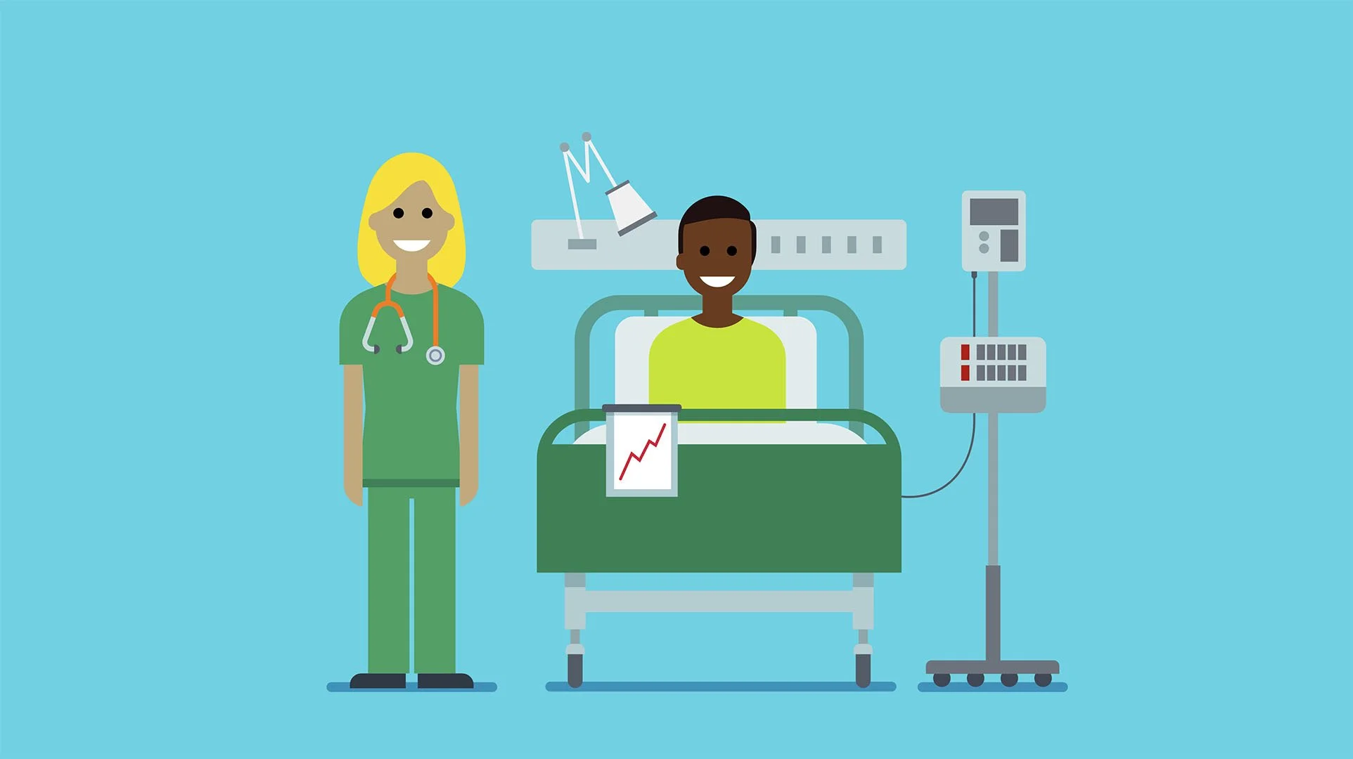 Happy male patient in hospital bed with healthcare worker standing beside him, medical equipment nearby, and a tablet showing an upward trending health chart.