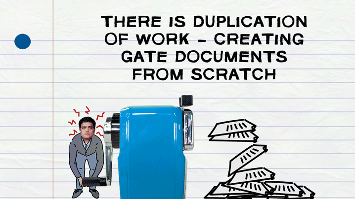 Notebook paper with a drawing of a man and a large hole puncher, with papers coming out, and printed text that reads 'There is duplication of work - creating gate documents from scratch'.