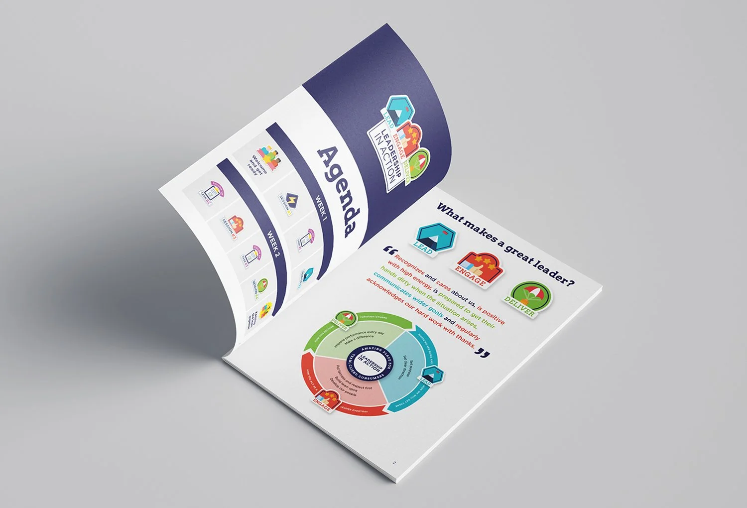 Brochure with colorful graphics and text about leadership, engagement, and delivery, featuring icons and circular diagram.