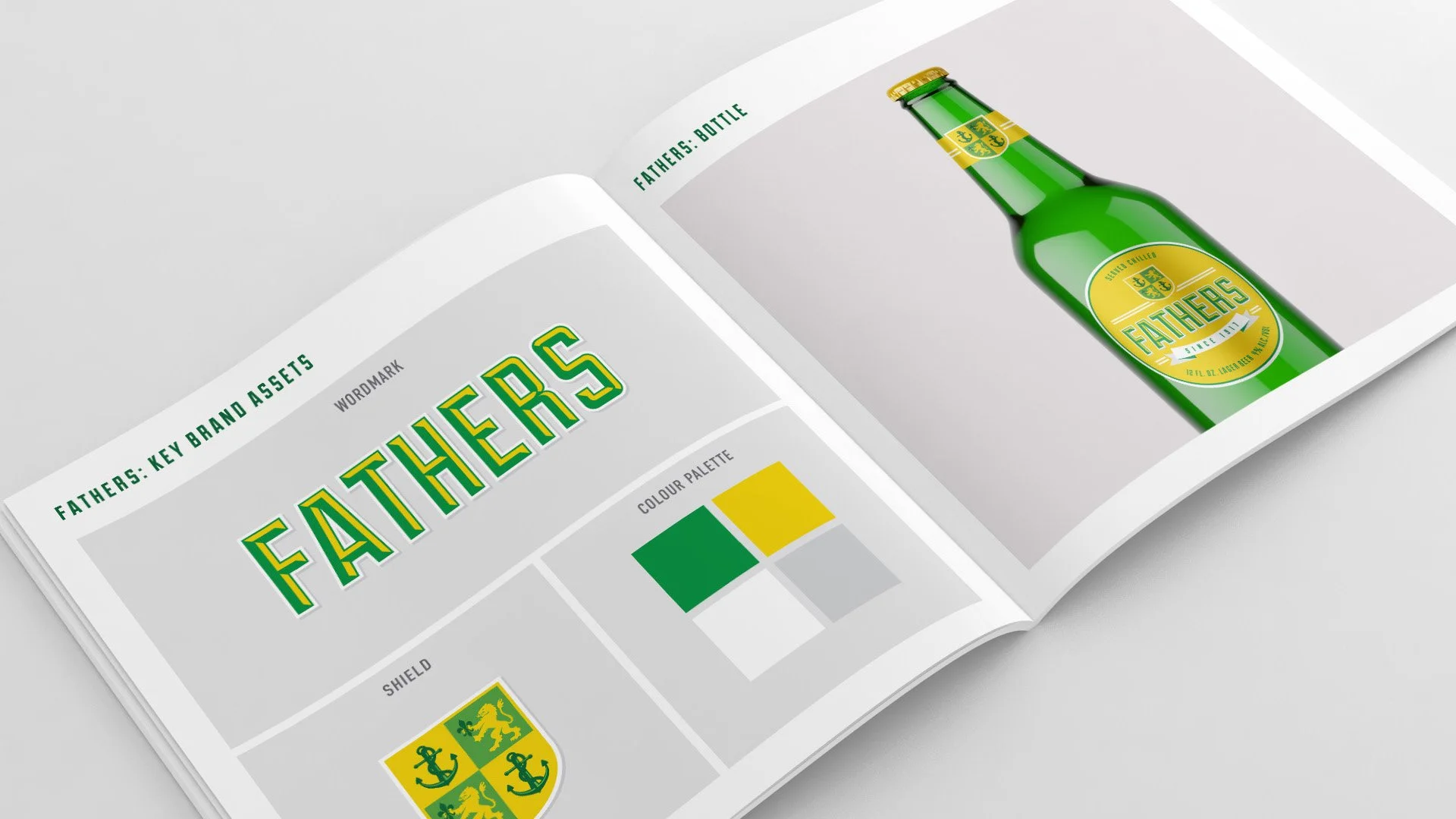 Open branding booklet showing a green glass bottle labeled 'Father's' on the right page, with branding details on the left page including a shield logo, color palette, and the word 'Fathers' in large text.