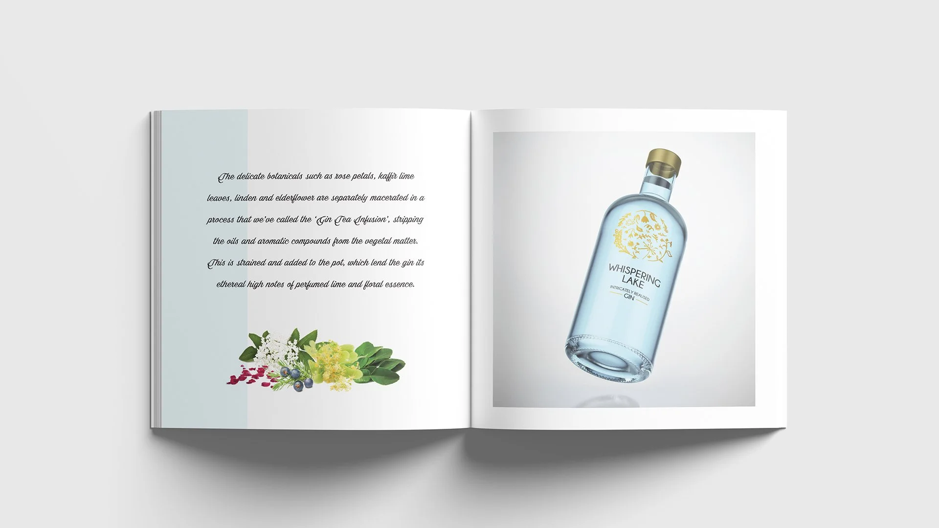 Open magazine with text on the left page describing a botanical infusion and a picture of a gin bottle labeled 'Whispering Lake' on the right page.