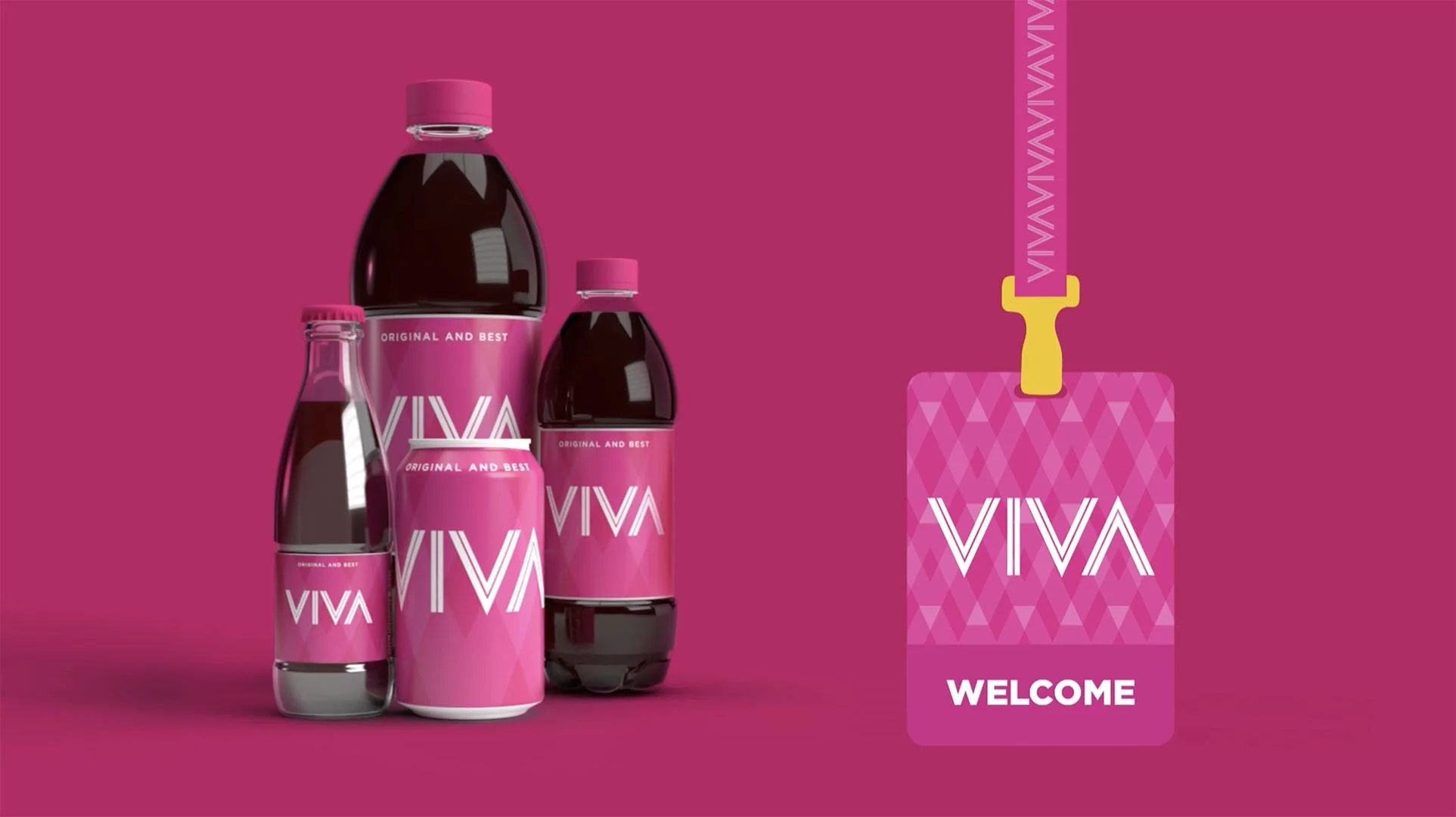 Set of five VIVA beverage bottles of different sizes in front of a pink background, along with a pink luggage tag with the VIVA logo and the word 'WELCOME' on it.