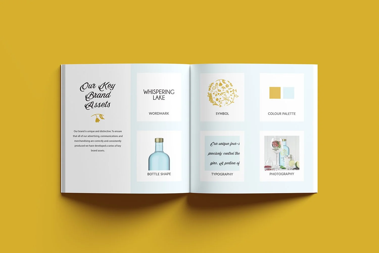 Open brand guideline booklet on yellow background showing sections about Whispering Lake, including logo elements, color palette, bottle shape, typography, and photography, with a decorative yellow floral icon in the upper section.