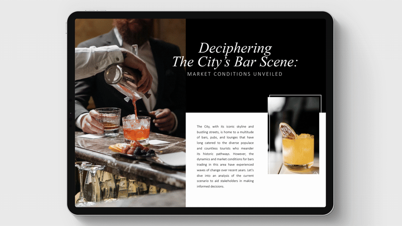 Image of a presentation slide titled 'Deciphering The City's Bar Scene: Market Conditions Unveiled,' showing a bartender pouring a cocktail and a close-up of a citrus garnish drink.