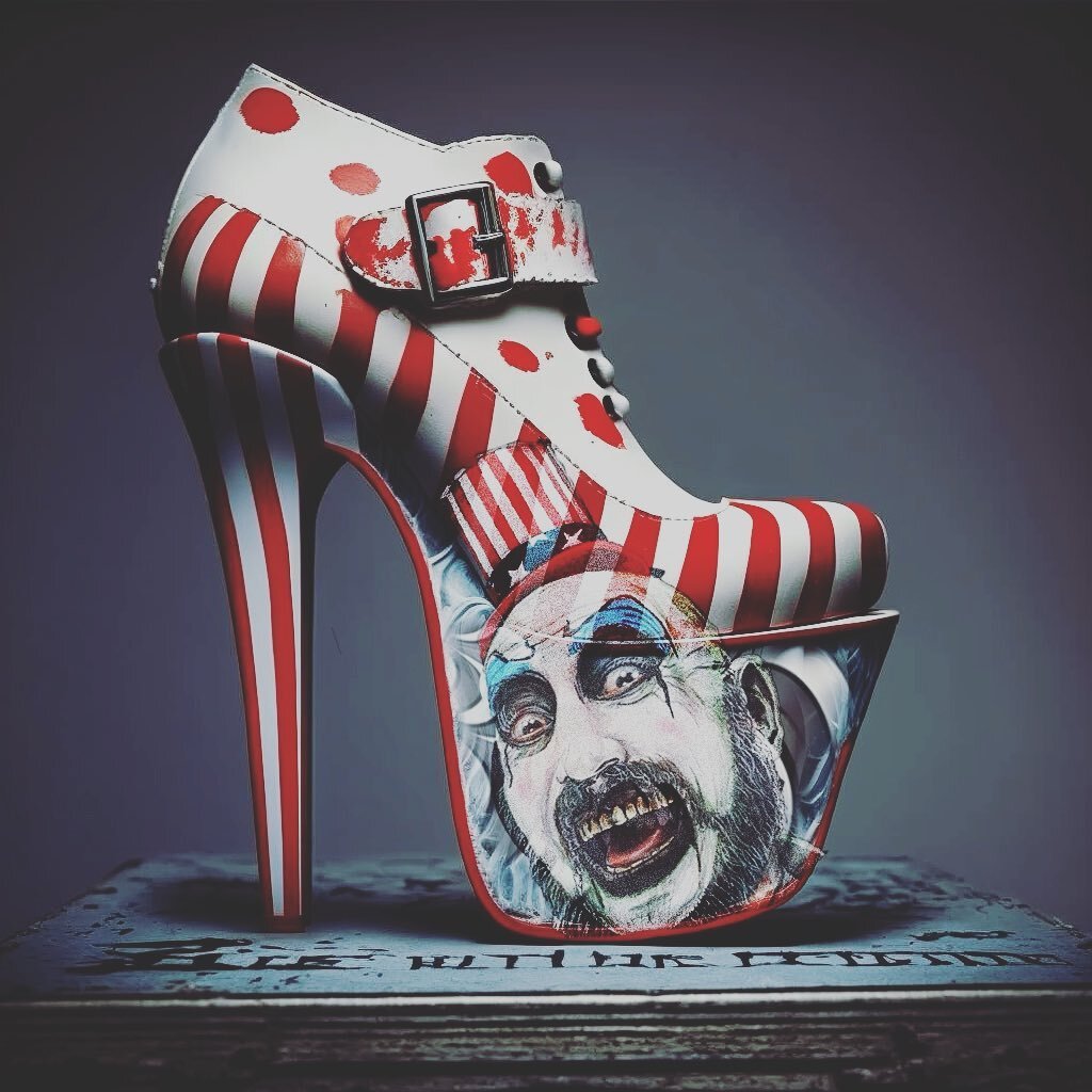 &quot;Who's your favorite clown?!&quot; 🤡 My Captain Spaulding-inspired Louboutin heels are the perfect addition to any horror lover's shoe collection. inspired by the iconic character from Rob Zombie's &quot;House of 1000 Corpses.&quot; These shoes
