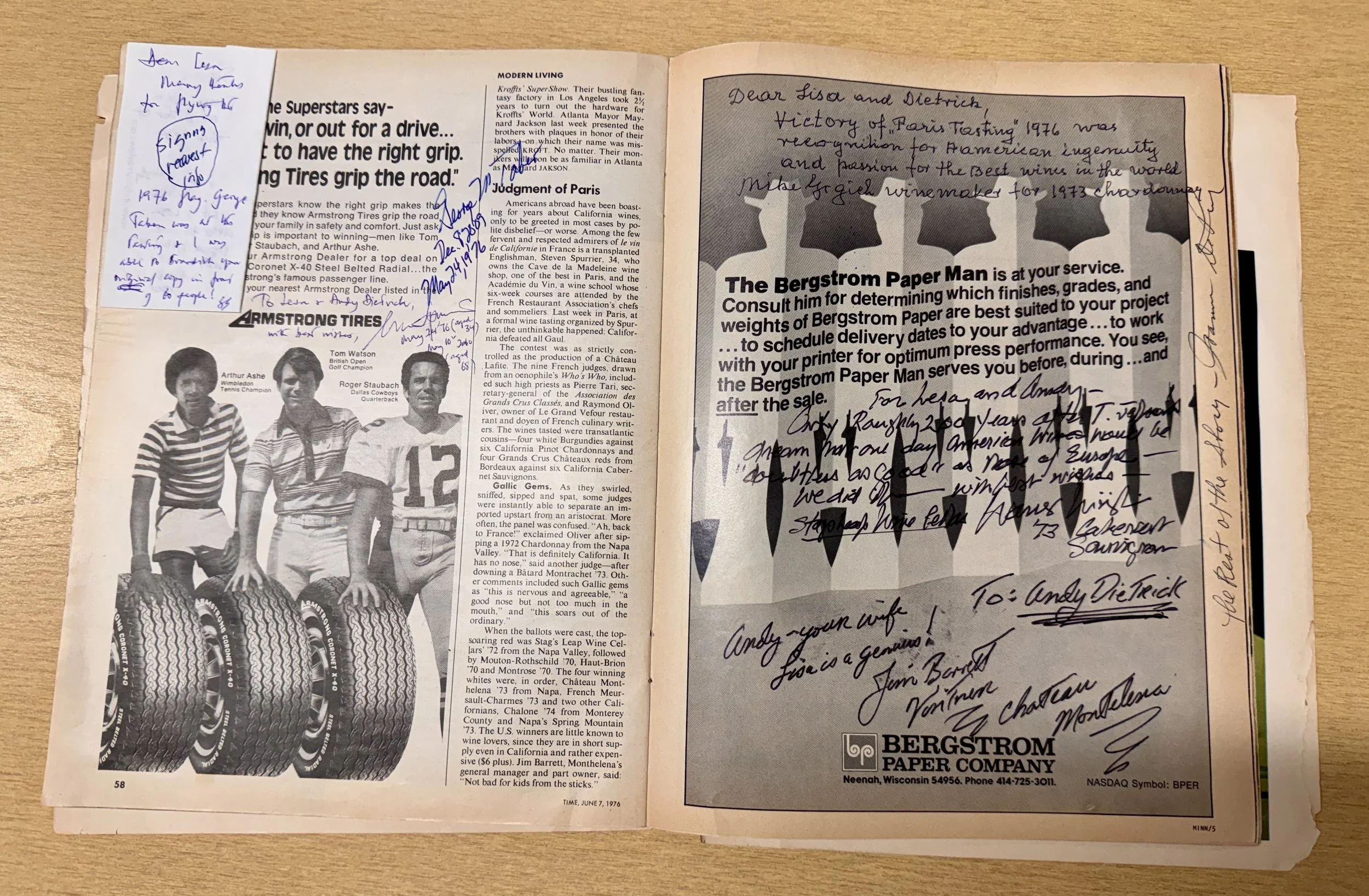 Time Magazine article original article signed from St Helena Wine library