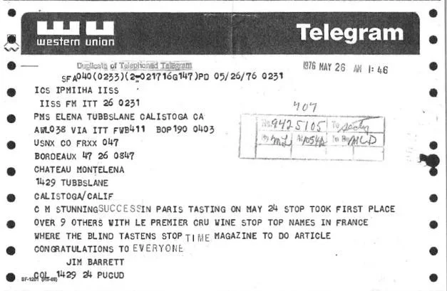Western Union Telegram from Judgement of Paris