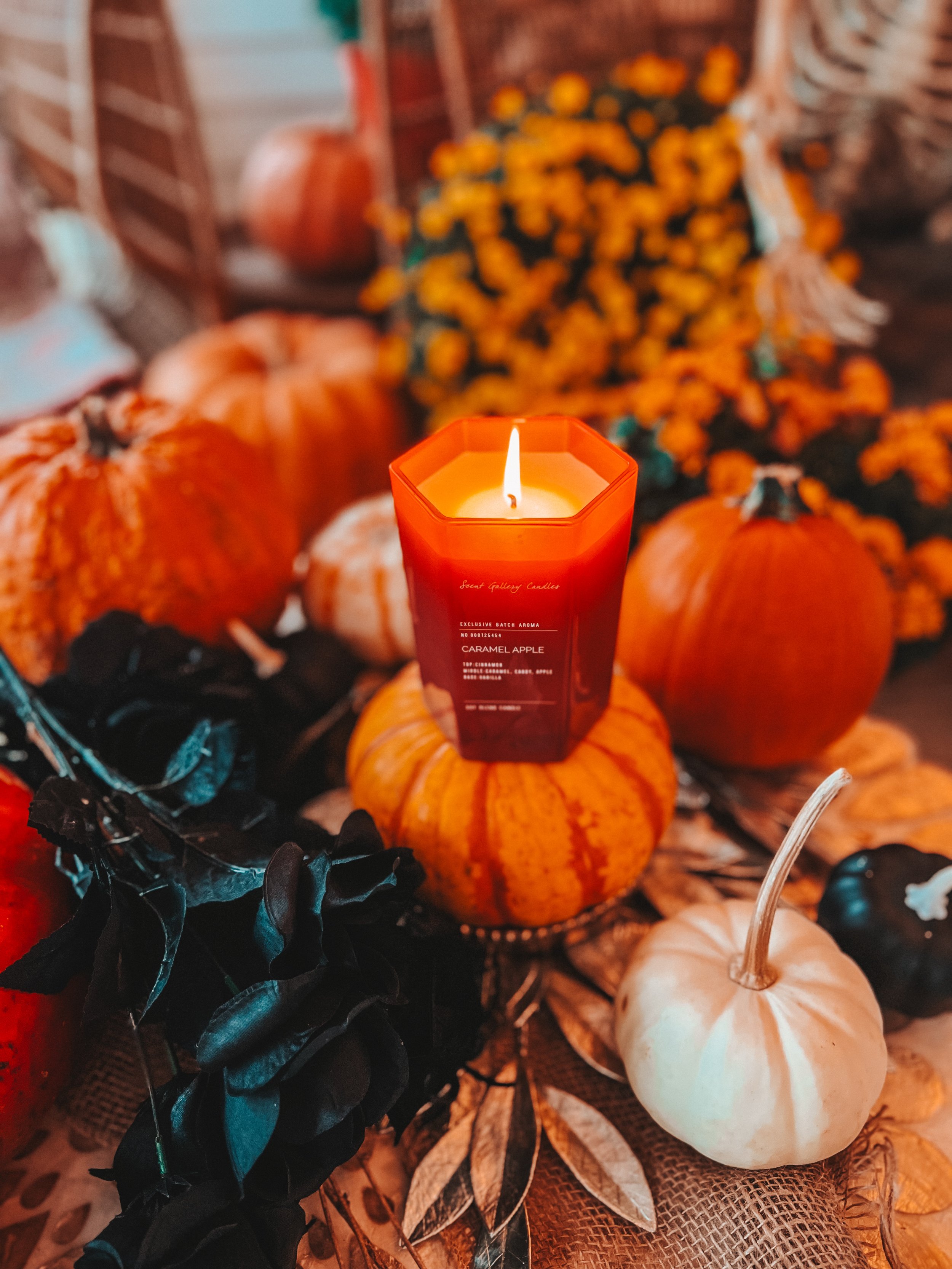 an autumn scene with candles, pumpkins and mums.