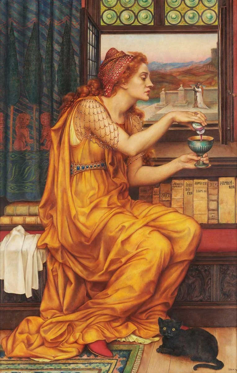 Evelyn De Morgan, The Love Potion, 1903, De Morgan Collection, UK This painting depicts a beautiful witch wearing a stunning golden dress. At her feet is her familiar, a black cat, who seems startled by the viewer.