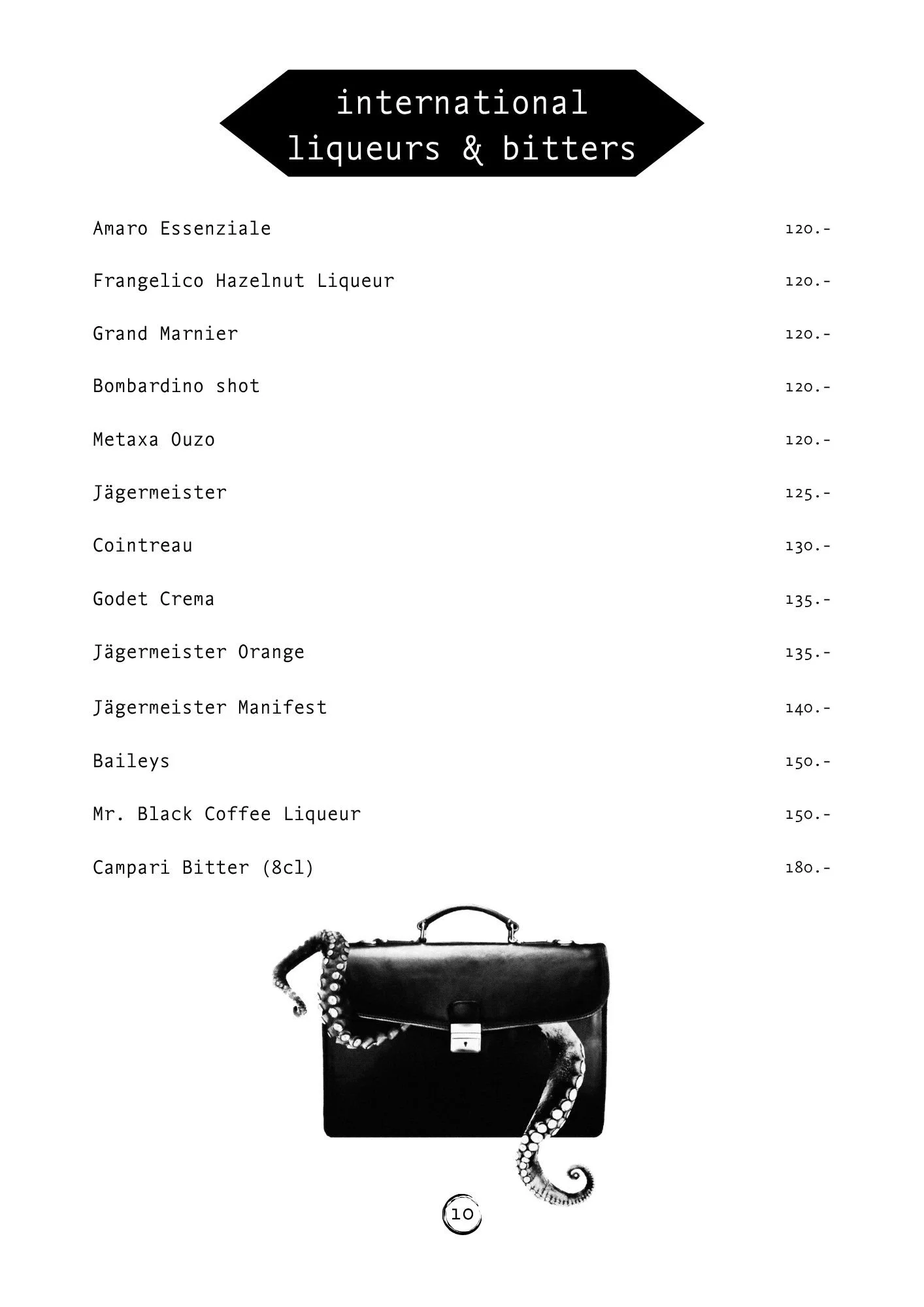 A menu showcasing various international liqueurs and bitters with their prices, and a black handbag with a pearl necklace draped over it at the bottom.