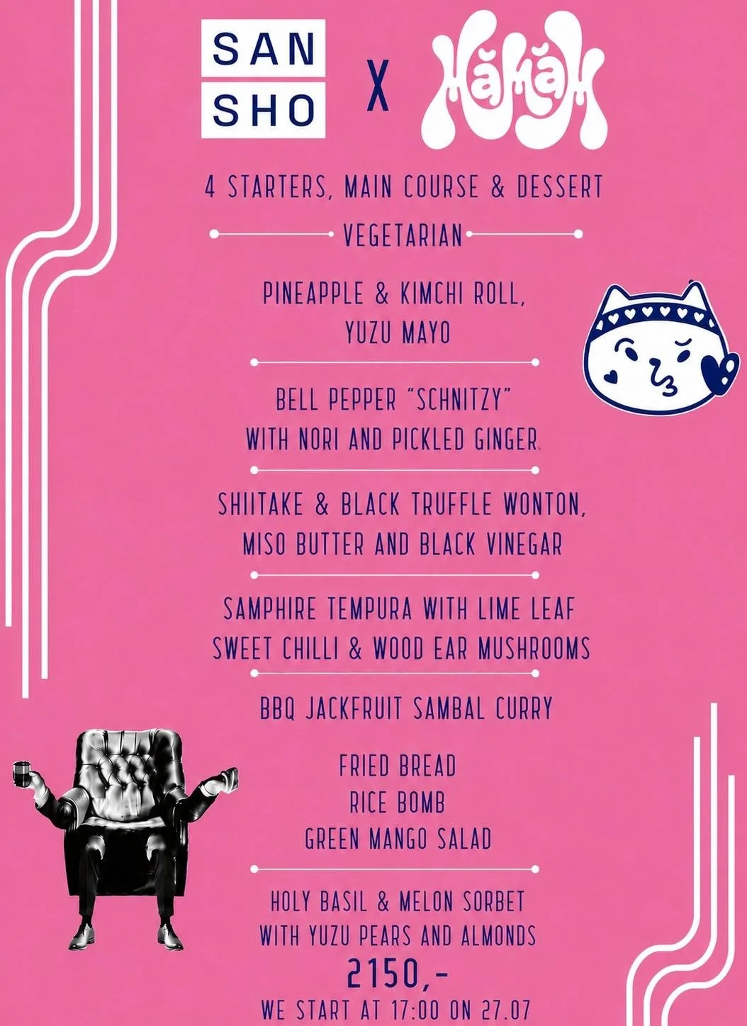 Pink menu poster with text about a food event, featuring a cartoon cat face and a black armchair with glasses of wine.
