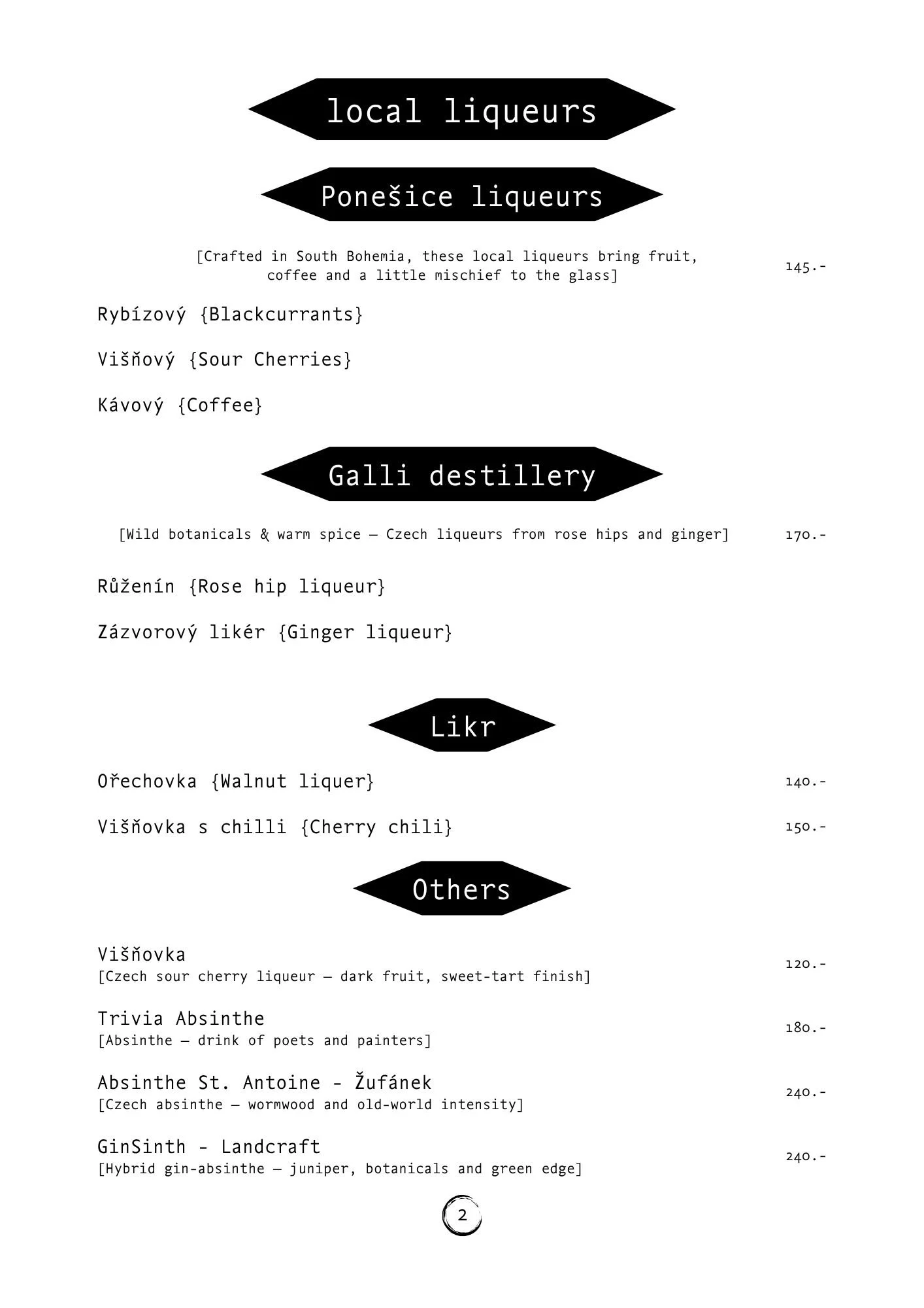 Menu page featuring various types of liqueurs from different regions, including South Bohemia, Czech, and others, with descriptions and prices listed.