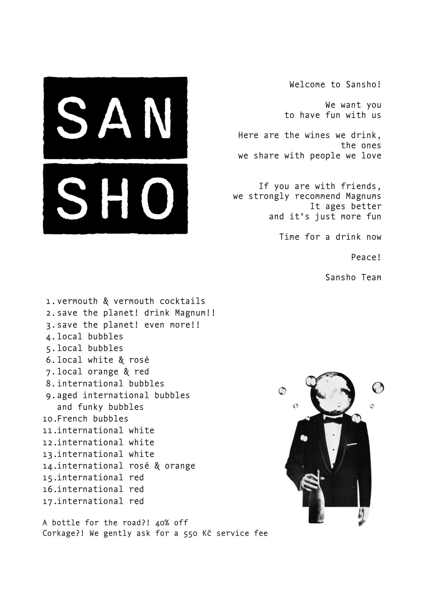 A black-and-white flyer for Sansho featuring a man in a tuxedo with a bottle, a list of wine options, and promotional text about drinks, bubbles, and discounts.
